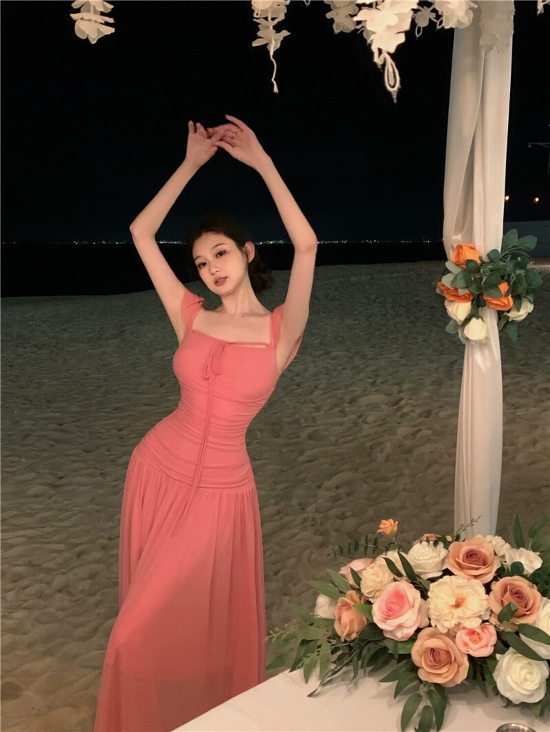 フランス高級超美形ドレス ウエスト絞り 妖精のようなロングスカート 