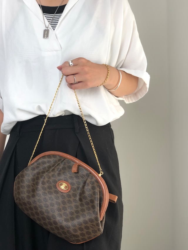 CELINE セリーヌ マカダム ショルダーバッグ ブラウン がま口 PVC チェーンショルダー vintage ヴィンテージ オールド tfpb4s
