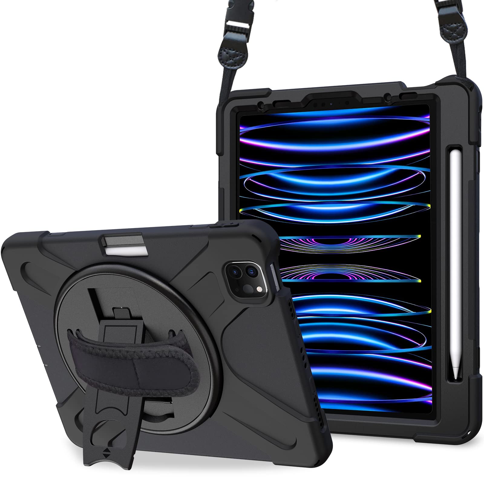 ProCase iPad Pro 11 ショルダーケース 第4/3/2/1世代に適用(2022 2021 2020 2018)、 肩掛け式 ペンホルダーと手首付き 回転スタンド 耐衝撃バックカバー