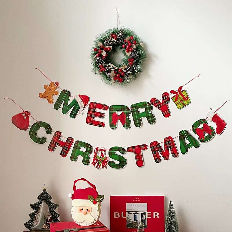 【DECORATION】チェック柄メリークリスマス旗 ライト付き