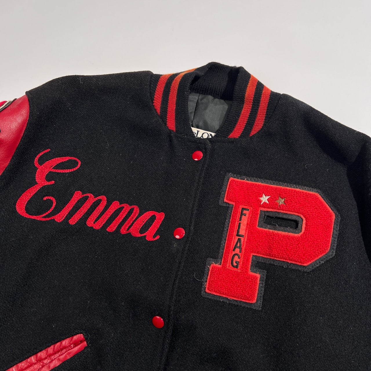 USA製 DeLONG フルデコ 刺繍 ワッペン 袖革 本革 レザー スタジャン サイズ S /メンズ/ビンテージ/アメリカ製/ブラック×レッド