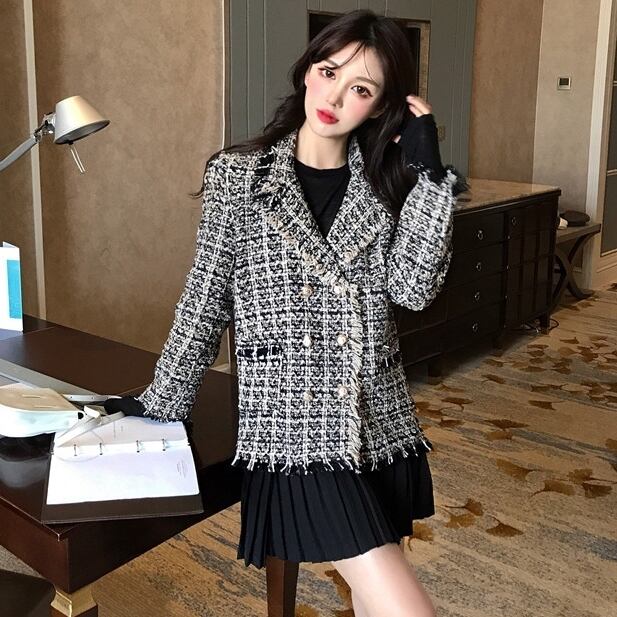 全3色 ツイード ジャケット チェック柄 長袖 テーラードジャケット