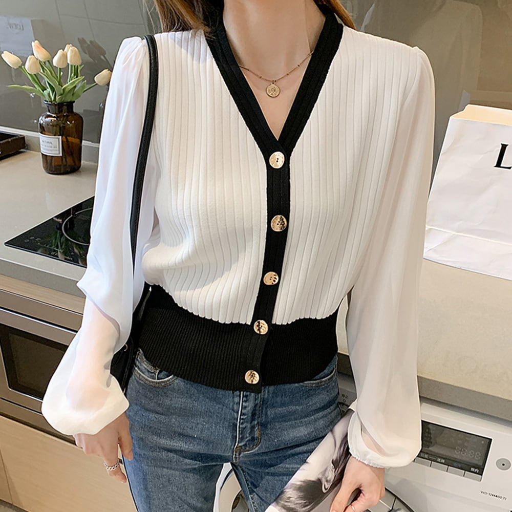 シフォン ニット レディース 春秋 袖切り替え 韓国 トップス きれいめ 大人 かわいい おしゃれ カーディガン パフスリーブ リブニット 透け感 大人可愛い 大人女子