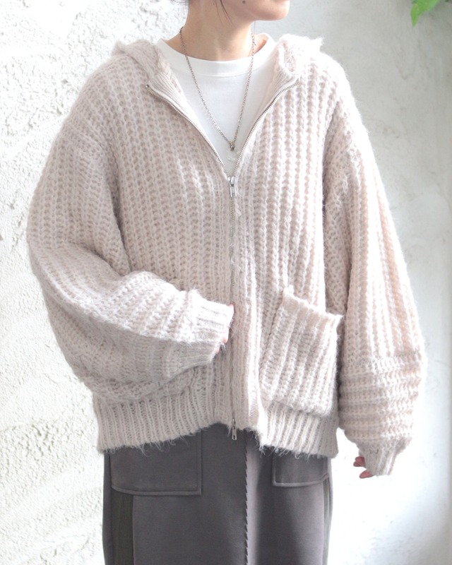 【LUPILIEN】畔編みニット ざっくり編み フードジップ ニットパーカー　(251093)