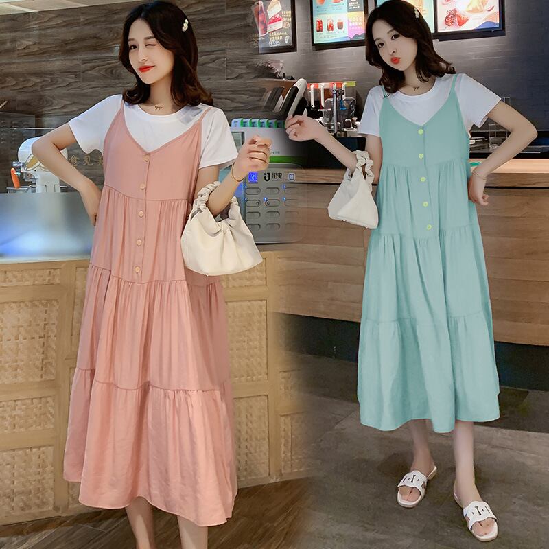 【新作】【送料無料】 マタニティドレス2019サマーファッションマタニティドレスラウンドネック半袖+サスペンダースカートツーピース妊婦-アリババ ショート ハーフスリーブ 夏物 Oネック expec260190944958