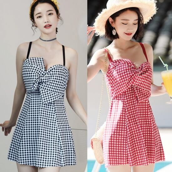 胸元デザインがカワイイ ギンガムチェックが爽やかワンピース型水着水着 ワンピース フレア 体型カバー 大人可愛い カジュアル ガーリー 春夏 海 リゾート プール スカート付き Sw Ayumina