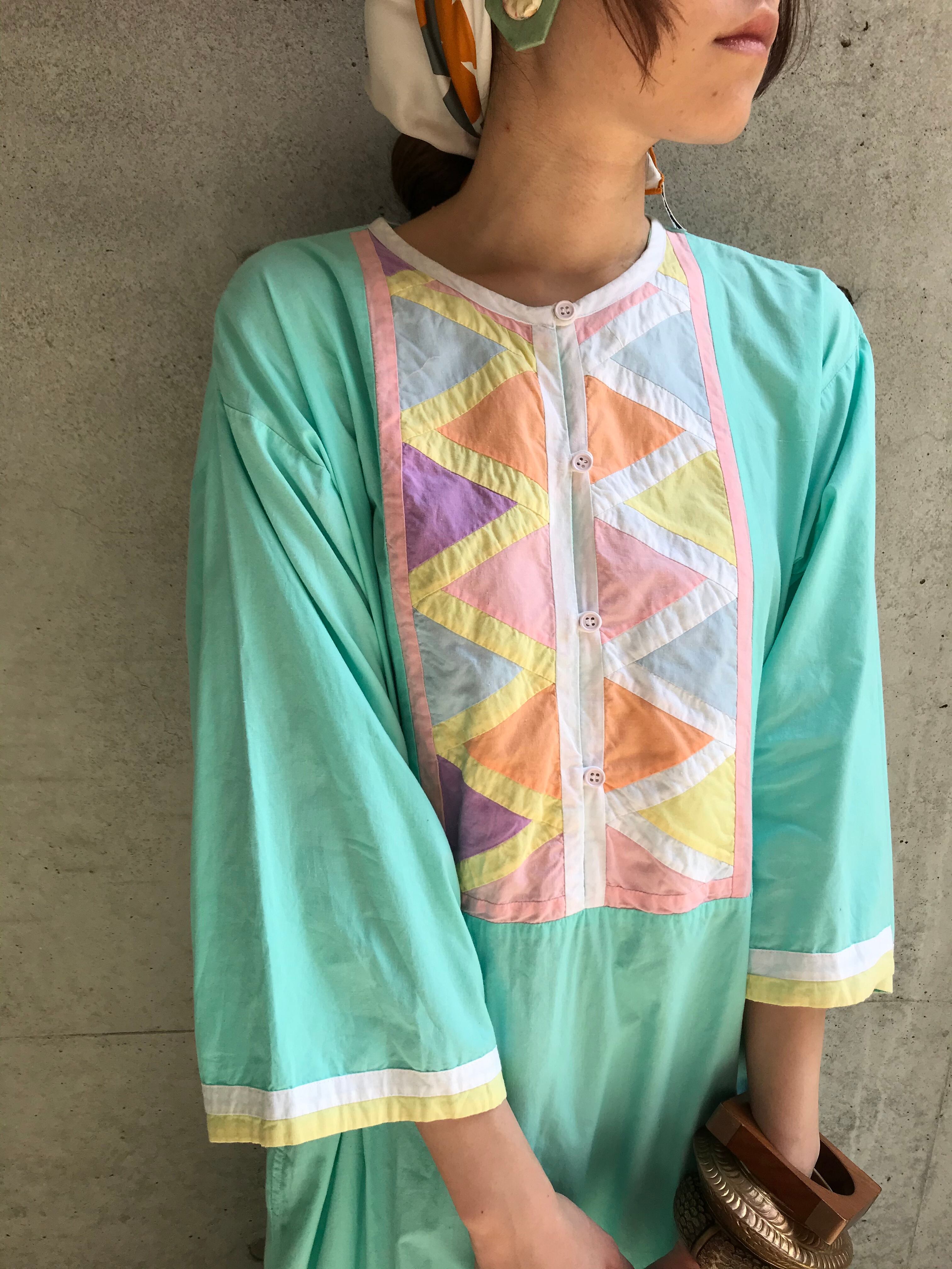 70s ice blue × patchwork indian cotton dress ( ヴィンテージ アイス 