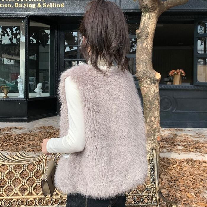 【M】ベストモコモコ あったか パープル 軽い 主婦 重ね着 ポケットストライプ