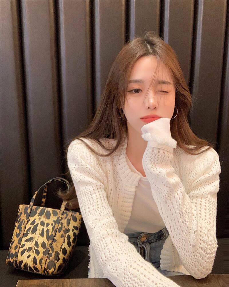 ホワイト透かし彫りニットセーターカーディガンレディース秋スリム長袖ジャケット2020新作ショートアウタージャケット ブラックストロベリース8169243529