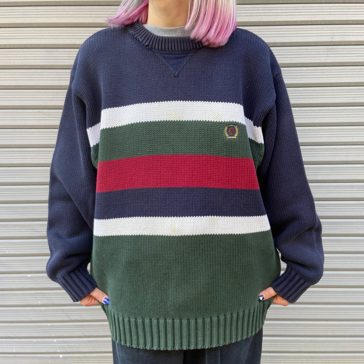 代引き手数料無料 刺繍ロゴ 90s 古着 ニット トミーヒルフィガー ワン