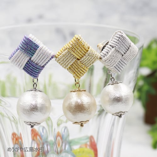 水引市松ピアス・イヤリングしずくコットンパール | 水引細工・水引