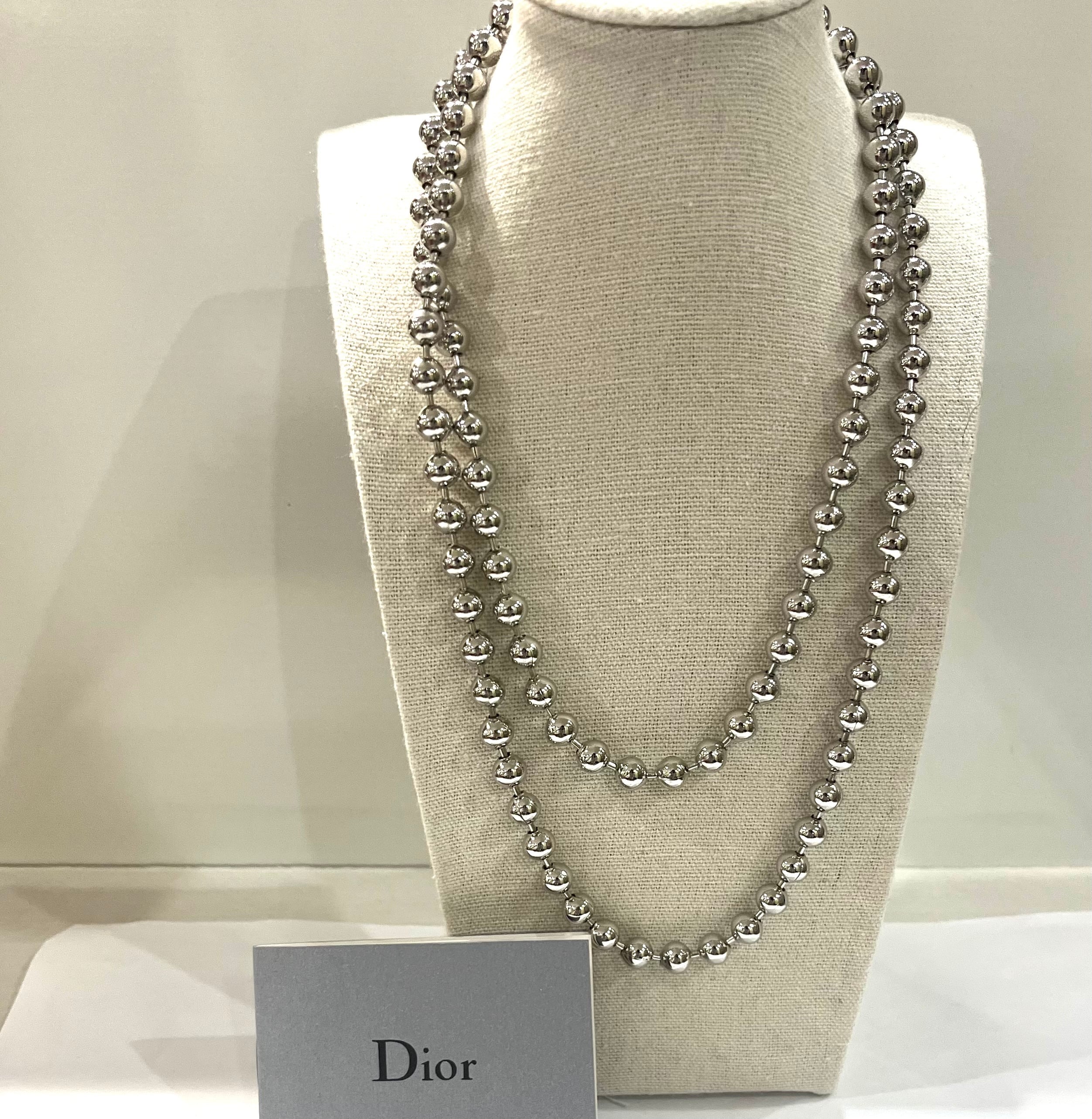 Dior シルバーチェーンネックレス Christian Dior】2233 DIOR ロングボールチェーンネックレス 92cm 2way