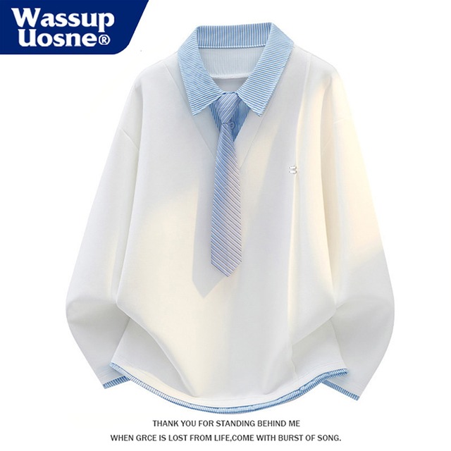 【WSシリーズ】★POLOシャツ★ 3color 長袖 ネクタイ付き トップス ユニセックス メンズ フェイクレイヤード
