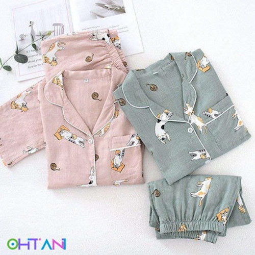 二重ガーゼパジャマレディース綿100％ガーゼハット柄前開き襟付き長袖長ズボン上下セットルームウェア吸湿通気敏感肌用部屋着春用