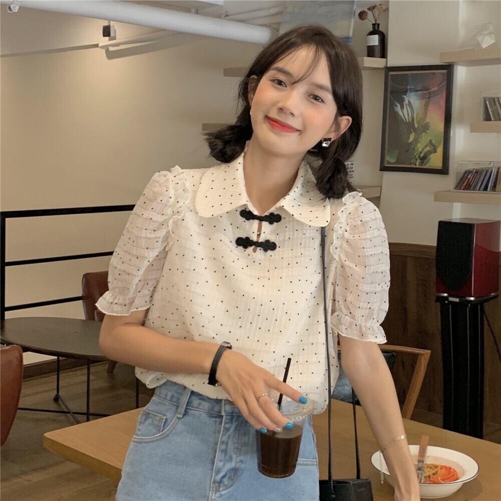 サマースタイルスタンダードシャツ 水玉トップス レディース レッド レトロ 夏物 ドラファッションホール68436666195