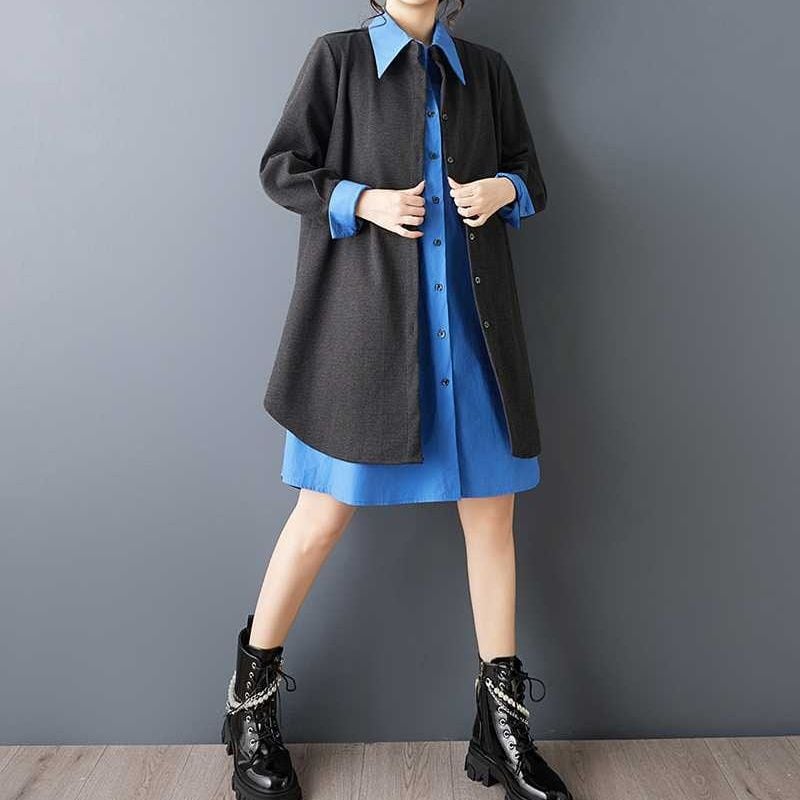 BLACK BLUE CONTRAST LAYER DESIGN MINI SHIRT DRESS 1color M-16058