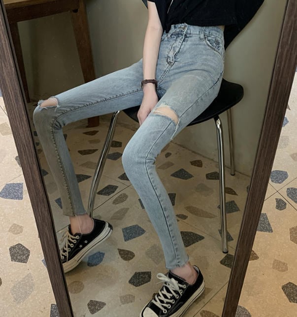 デニムスキニーパンツ ハイウエスト ダメージ クラッシュ カジュアル 大人可愛い おしゃれ Luluca 韓国トレンドファッションluluca ルルカ デニムスキニーパンツ ハイウエスト ダメージ クラッシュ カジュアル 大人可愛い おしゃれ Luluca 韓国トレンドファッションluluca ルルカ