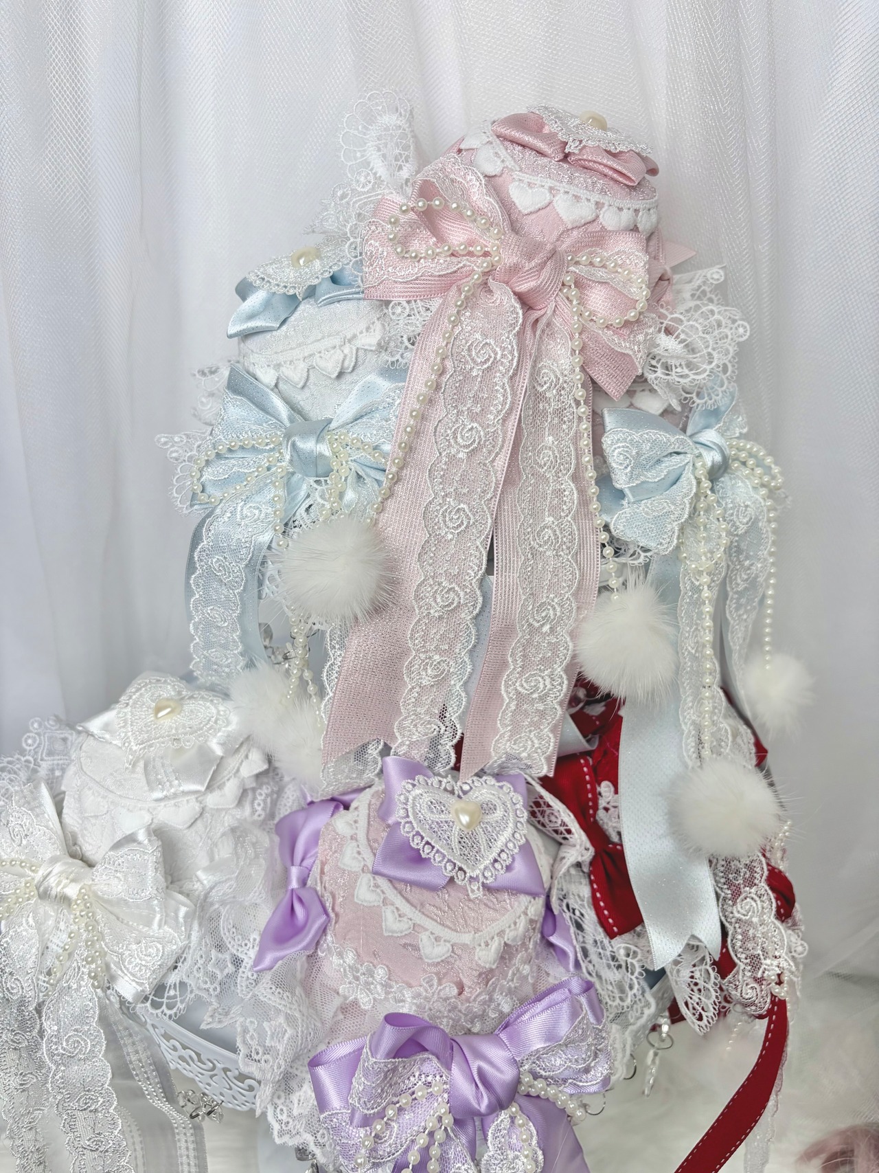 ♡【全6色】マシュマロぽんぽんリボン ロリィタミニハットヘアクリップ＋ヴェールセット white ♡