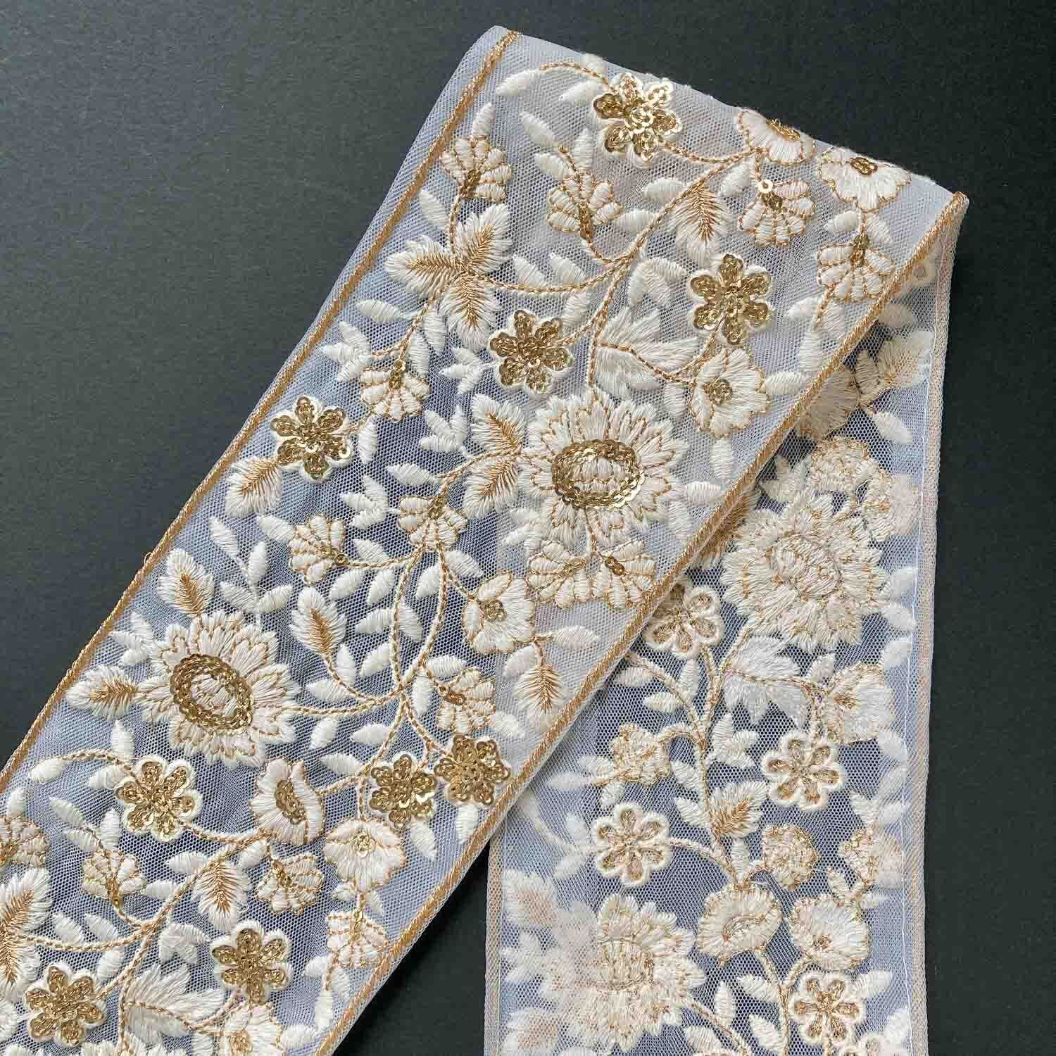 新色追加〉白花ゴールドライン太幅刺繍チュールレース（50cm〜） | Dua