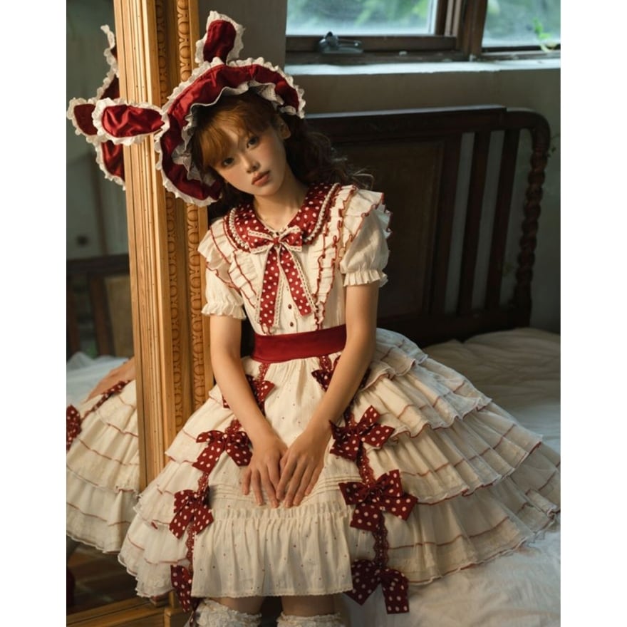 Lolita ロリータ ロリィタ 萬屋ヒツジ ボンネット 赤 スイートロリータ｜うさぎ耳が視線をさらう フリルボンネット 赤×生成