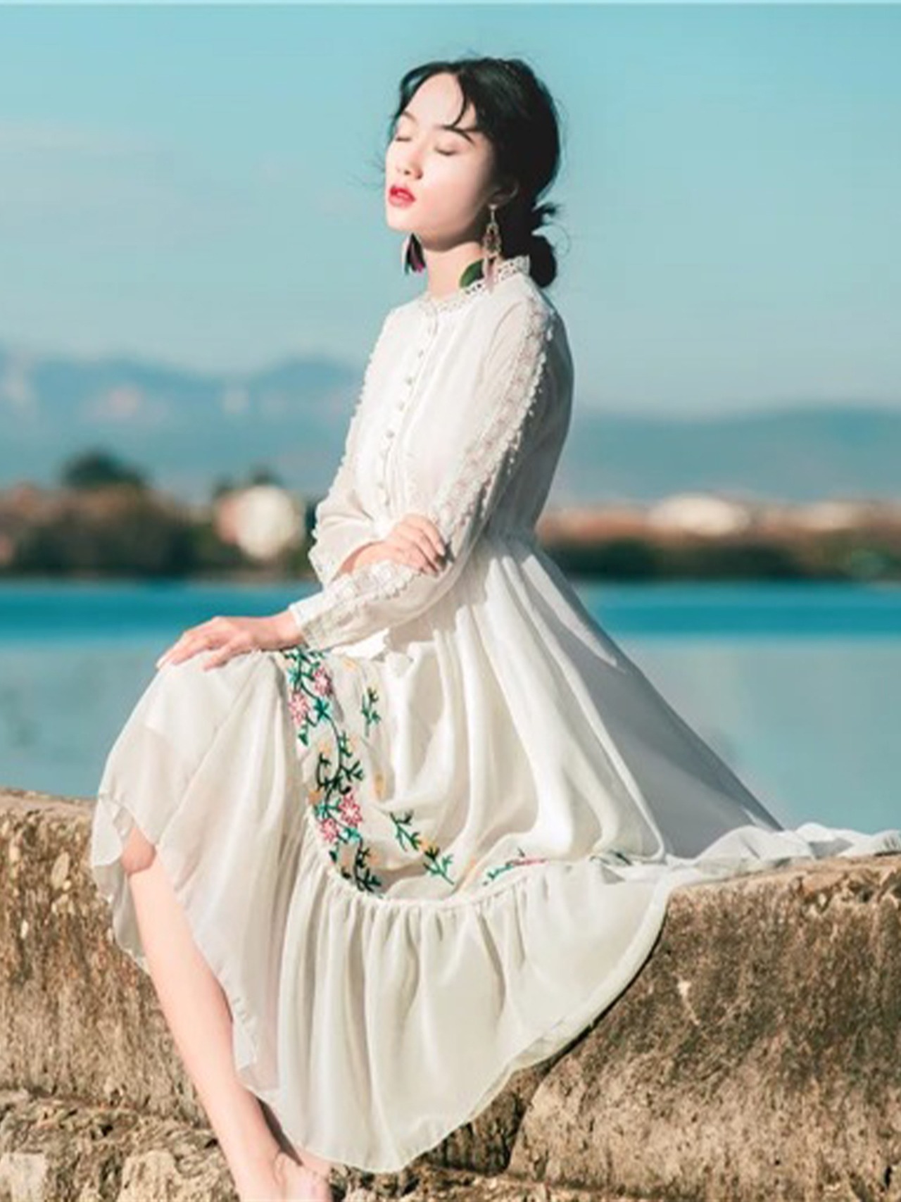 【0161】Flower Embroidery A-line Long Sleeve Dress