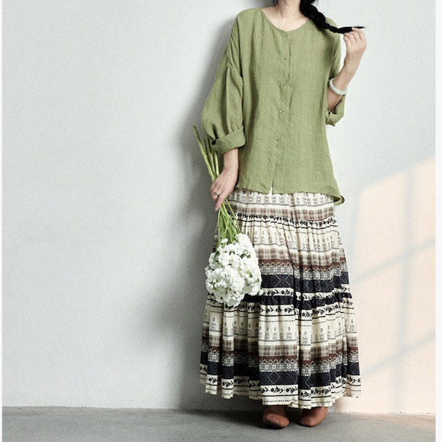 ドロップショルダー 長袖リネンシャツ＆ボヘミアンプリントスカートのセット W01463