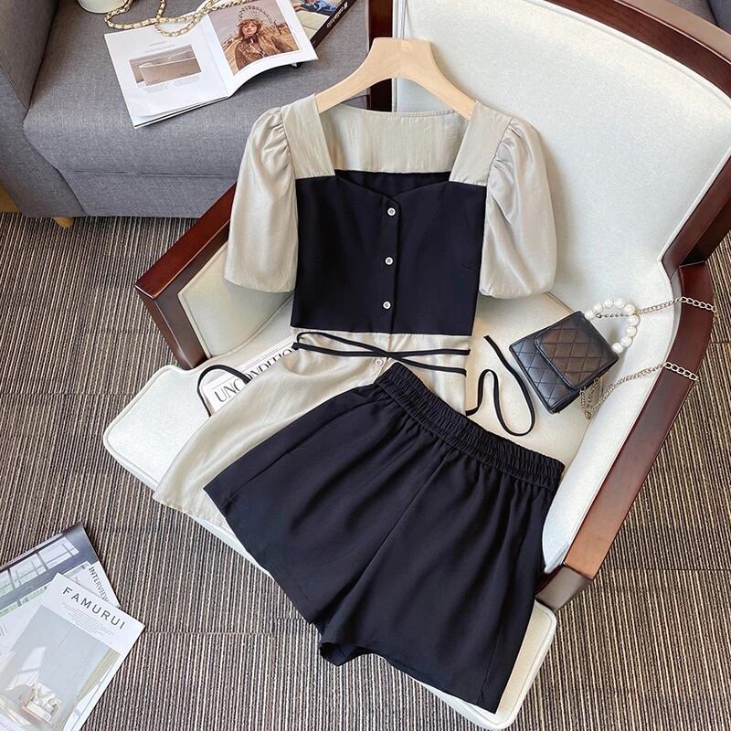Women Elegant Suit Square Collar Patchwork Long Shirt Top And Short Pant Two Piece Set Tracketsuit Female Large Size Clothing
