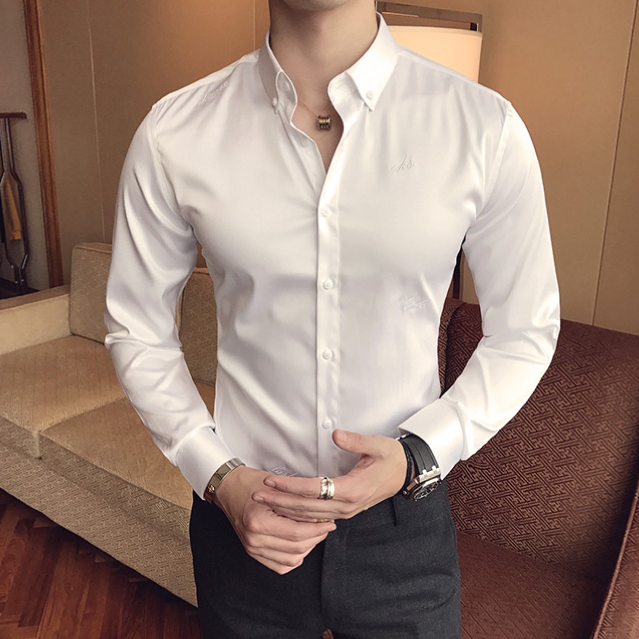 韓国スタイルシルケット加工抗シワノーアイロンサーマルシャツ　SH039