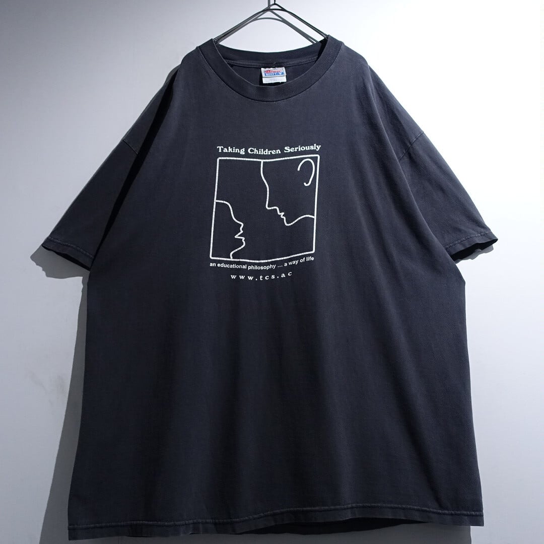 90s Black "Taking Children Seriously" Face Line Art Graphic Print T-Shirt