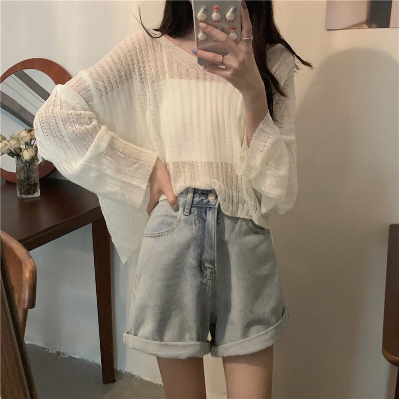 ニットセーター サマー薄手ブラウス ロングVネックルーズショート 長袖 夏物 1号婦人8034466486