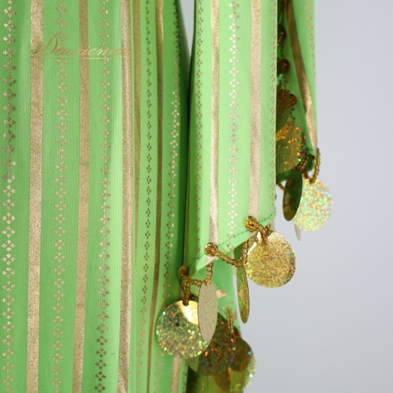 ベリーダンス 衣装 サイーディドレス グリーン系 ワンピース ドレス ヒップスカーフ ヘッドアクセサリー 頭飾り 黄緑 緑 金 ストライプ柄 スパンコール ビーズ 豪華 装飾 華やか バラディ キラキラ 煌びやか 3点 セット ストレッチ 伸縮 ゴールド系