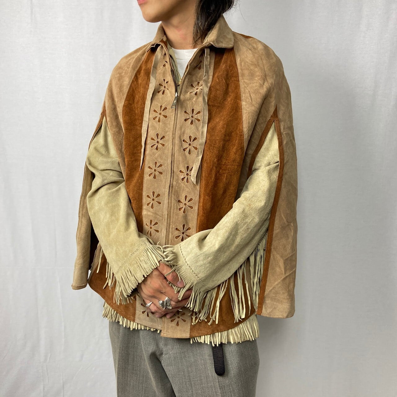 70年代 メキシコ製 スエードレザー 花柄 スリット ポンチョ ケープ 