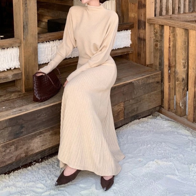 Half high neck elegant dolman sleeve long knit dress set up ( 4color )