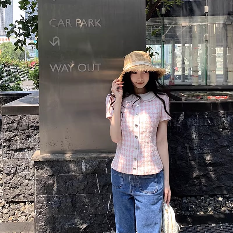 【tops】半袖チェック柄ピーターパンカラートップス Q8274