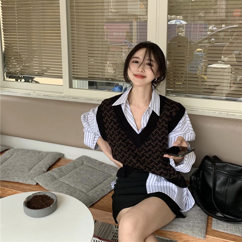 アウタールーズチョッキベストセーターレディース2020秋ニュースタイルワイルドVネックセータートップ ブラックストロベリース48823948212