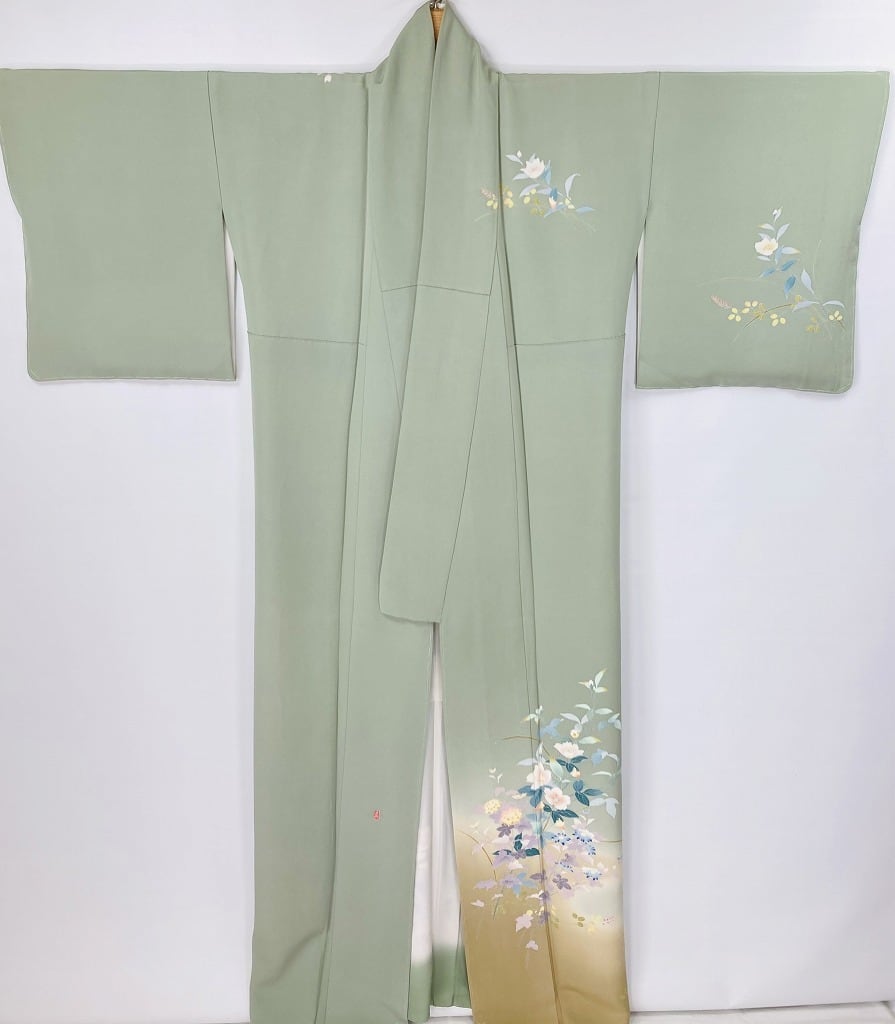 作家物 京加賀友禅 未使用 一つ紋 訪問着 花柄 袷 正絹 緑 黄緑