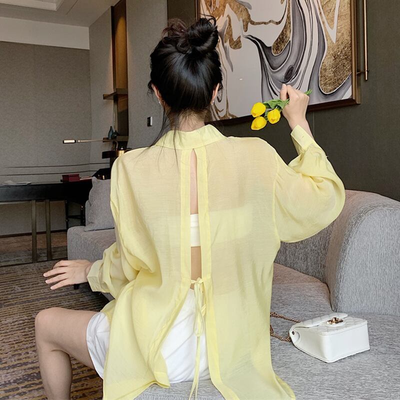 センスニッチオープンバックストラップホワイトシャツ女性2020夏新しい薄いルーズ長袖日焼け止めトップトレンド 1号婦人58248204339