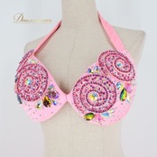 ベリーダンス オリエンタル 衣装 上下セット ピンク系 ポリーナ POLINA トップス スカート ベルト ラインストーン 装飾 豪華 明るい かわいい 華やか ダンス衣装 イベント ステージ 鮮やか スリット フリル