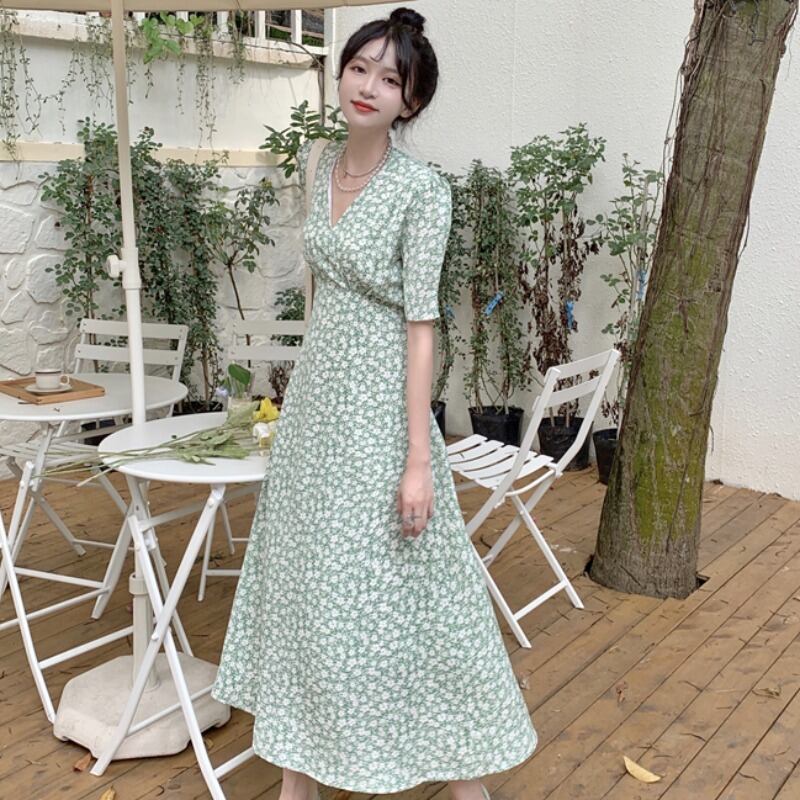 Vネックシフォンフローラルドレス サマースタイルウェストロングスカート 夏物 花柄 YY-ファッション44346876023