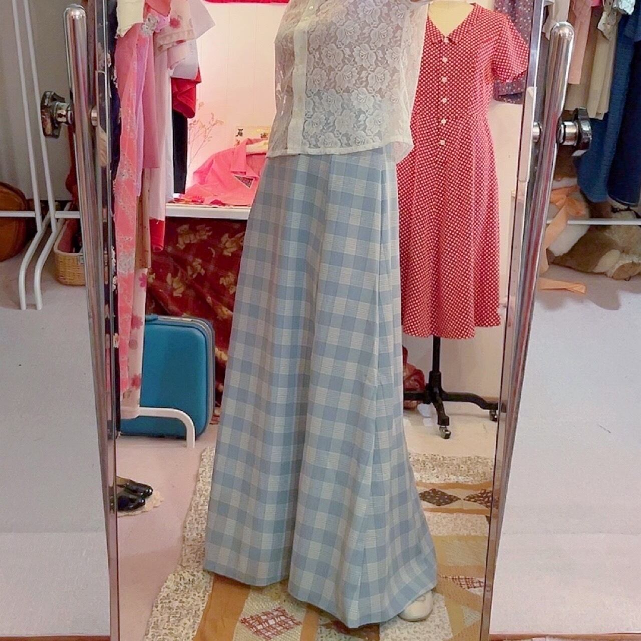 light blue block check skirt