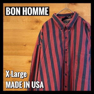 【BON HOMME】90s USA製 ストライプシャツ 長袖シャツ オーバーサイズ  ゆるだぼ アメリカ古着