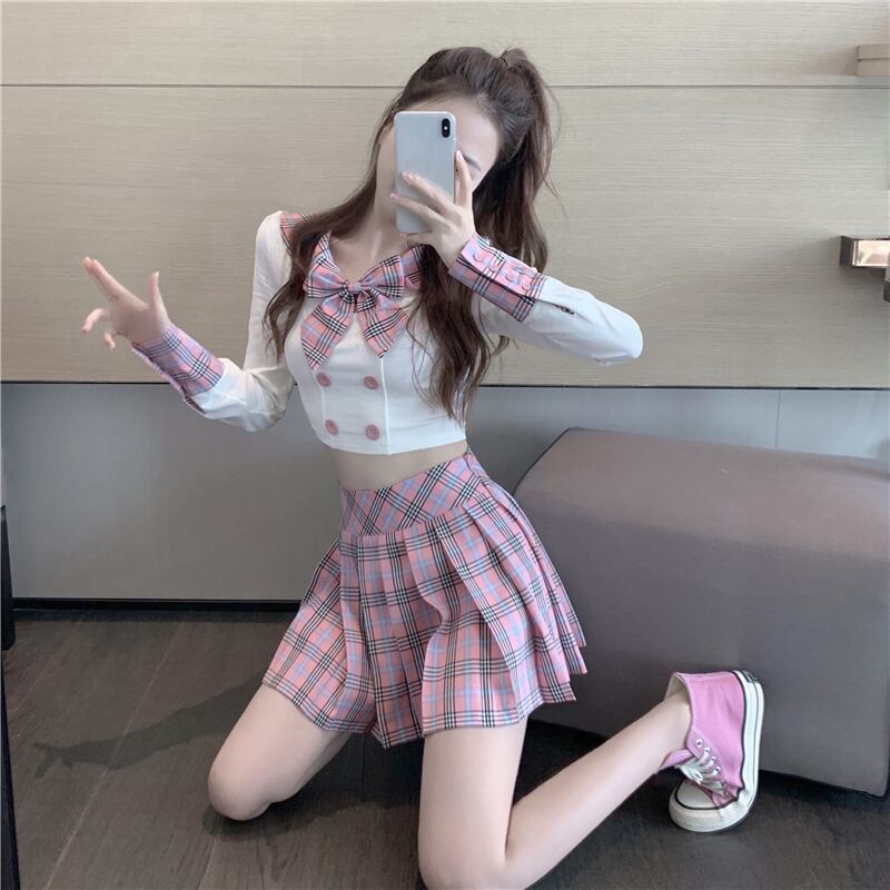 ボウノットシャツトップハイウエストプリーツチェック柄スカート女性2020年秋新作スーツ年齢削減ツーピース ブラックストロベリース14643838195