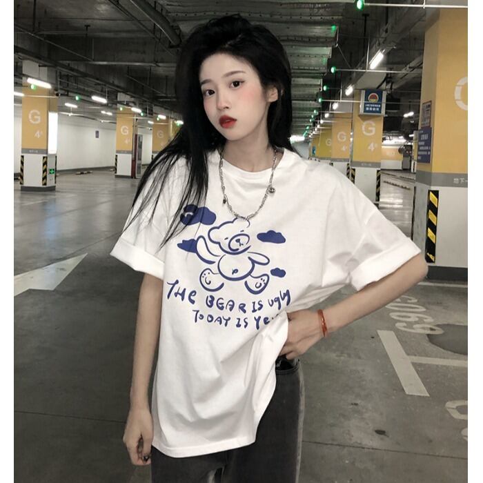 ルーズサマーラウンドネックTシャツ プリントスタンダードカジュアルトップス コットン レトロ 夏物 Oネック ケッペル22810502832