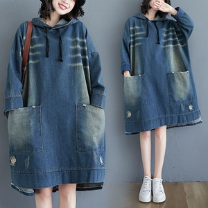 DAMAGE DENIM HOODED PULLOVER MINI DRESS 1color M-11737