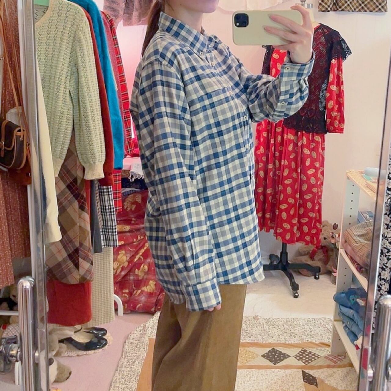 blue green check flannel shirt
