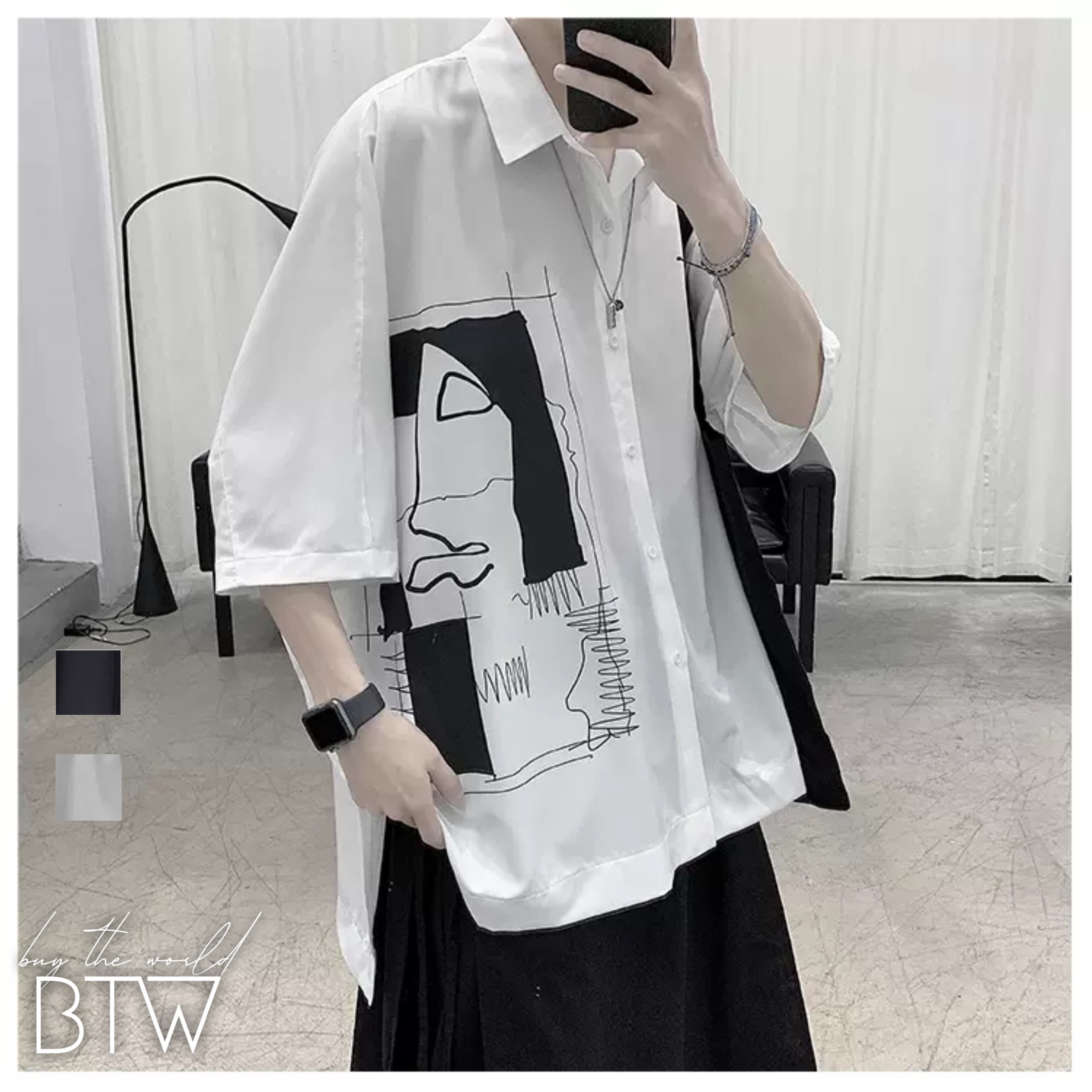 韓国メンズファッション Bw703 襟シャツ トップス 半袖 アート モノトーン オーバーサイズ ボタンダウン 韓国メンズ服 流行プチプラ韓国 メンズファッション新作通販 Buy The World