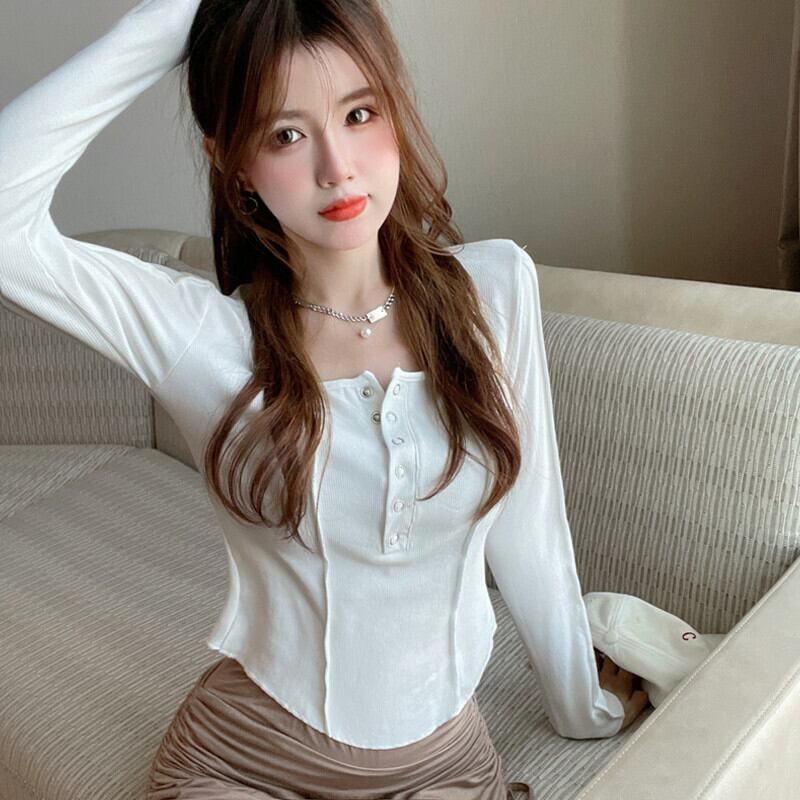 オータムシャツ スリム薄手カラートップス ホワイトTシャツ ロング 秋物 スクウェア ガールズファッション37561947830