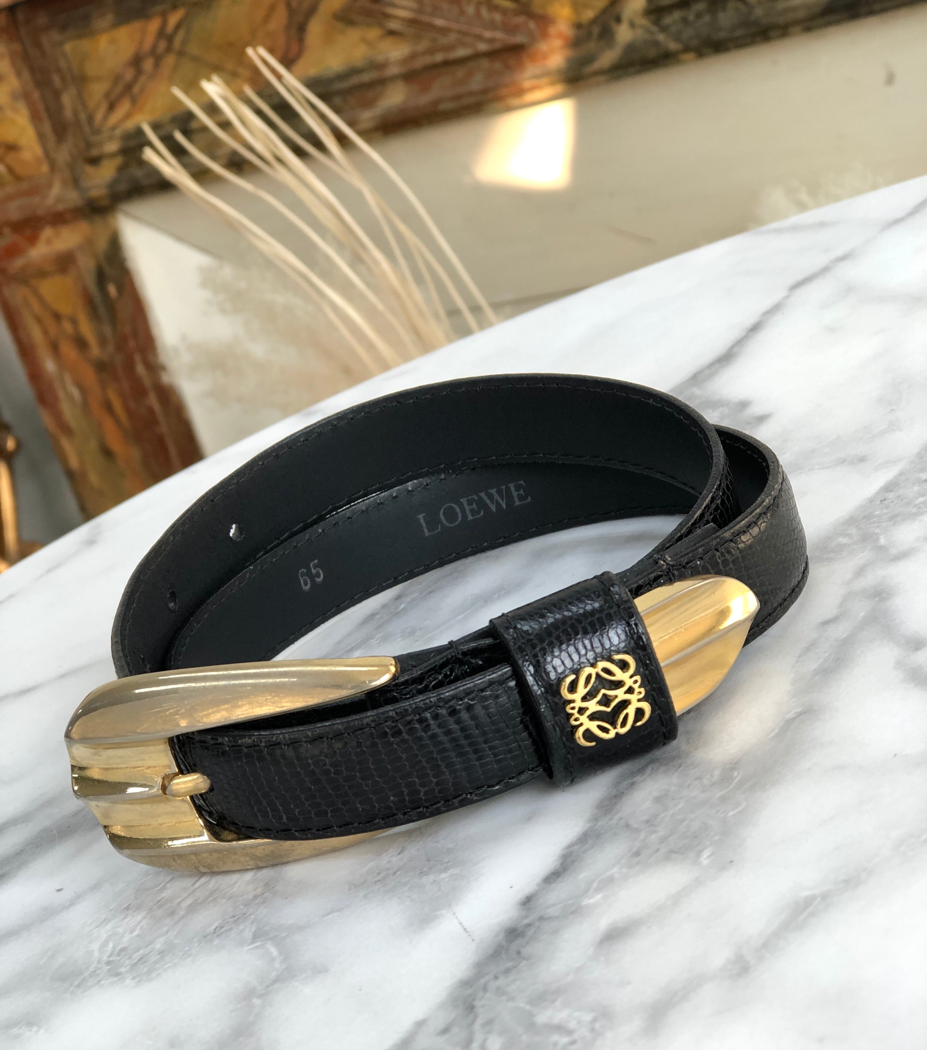 LOEWE ロエベ アナグラム リザード型押し レザー ベルト ブラック