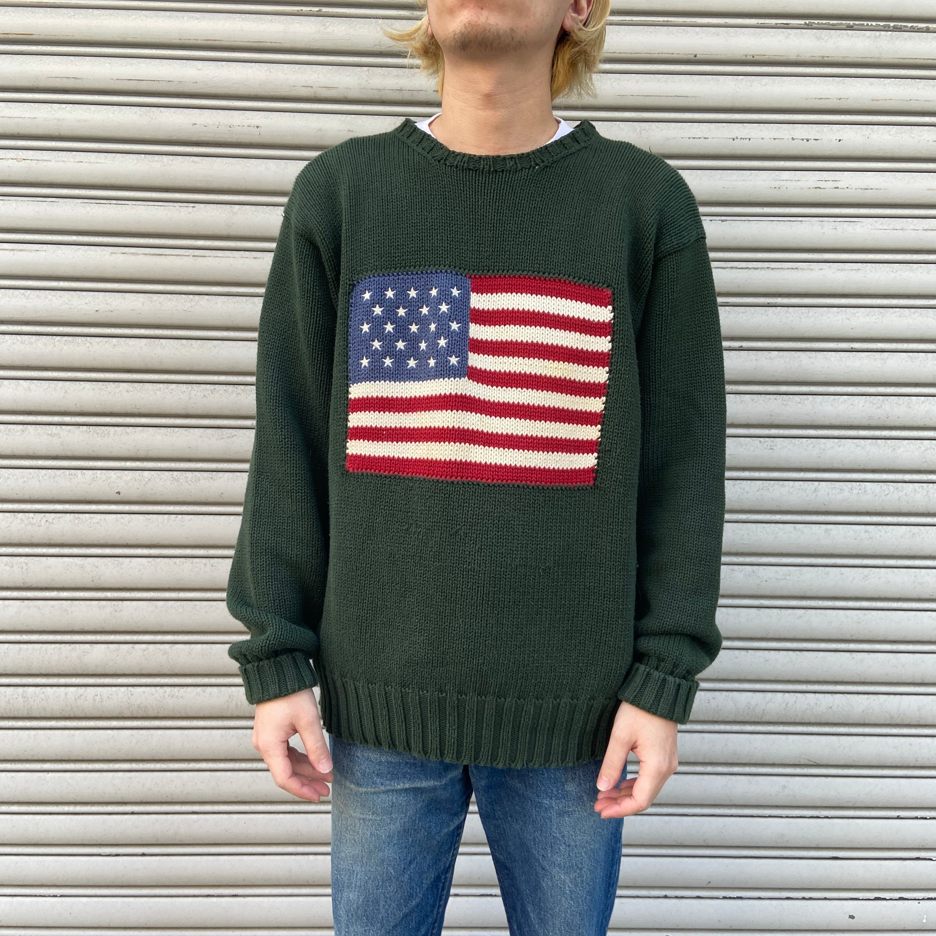 送料無料』Ralph Lauren ラルフローレン 星条旗柄セーター 90s 緑 L 