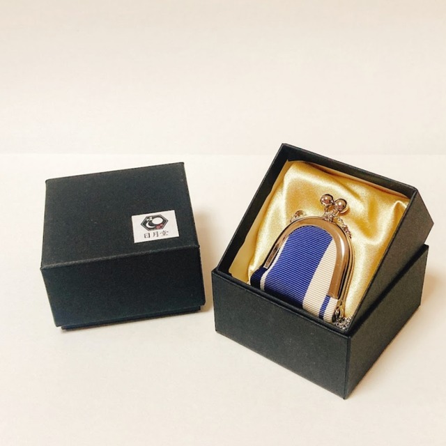 miniがまぐちチャーム　 博多織・青白ストライプ《まる》　　和がま口　着物リメイク日月堂オリジナル　≪パーツ変更可能≫　